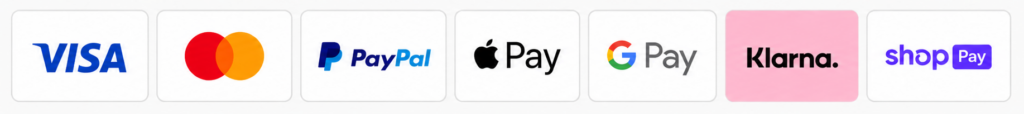 Accepted payment methods including Visa, Mastercard, PayPal, Apple Pay, Google Pay, Klarna, and Shop Pay.