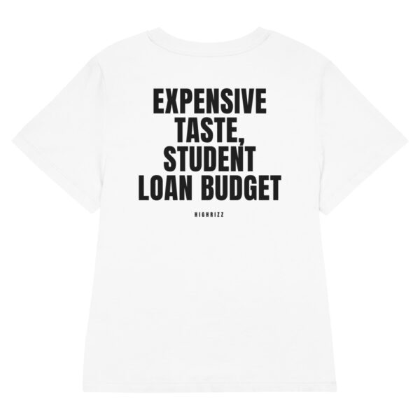 Expensive taste, student loan budget Women's Fitted T-Shirt Expensive taste, student loan budget Women's T-Shirt in white