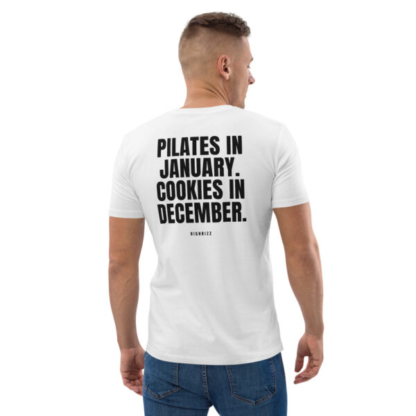 Pilates in January. Cookies in December. Men's T-Shirt in white